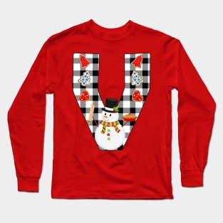 BW Buffalo Checks Pattern Monogram V | Snowman Long Sleeve T-Shirt